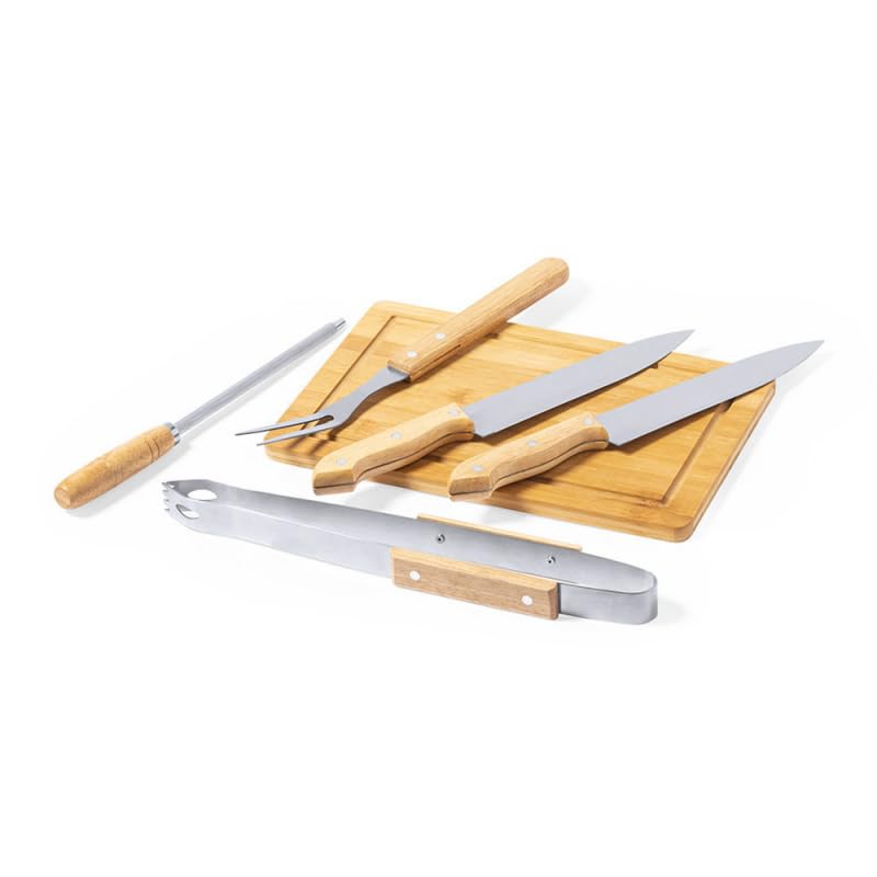 Kit Barbecue Utensili da Personalizzare con Incisione - Vero Set Barbecue Accessorio in Bambù e Acciaio Inox [Accessorio Barbecue ] (Set 6 USTENSILE)