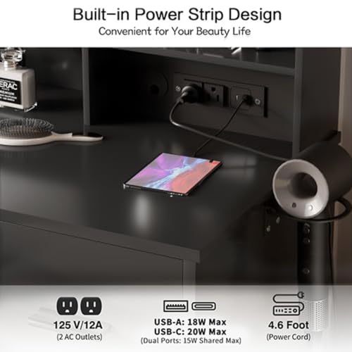Image of YESHOMY Vanity Desk with Mirror, Power Outlet and 10 Lights, Makeup Table with 4 Drawers, 3 Color Modes Available for Bedroom, Plain Black, 39.3x17.7x58.8 inch