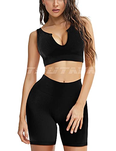 TSUTAYA Seamless Workout Sets for Women 2 Piece Biker Shorts Gym Ribbed V Neck Sports Bra Yoga Outfits Black M