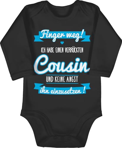 Baby Body langarm Mädchen Junge - Sprüche - Ich habe einen verrückten Cousin blau - 3/6 Monate - Schwarz - babygeschenke spruch finger weg babybody babygeschenk spruche strampler baby-geschenke