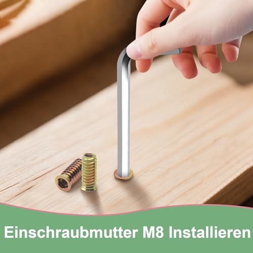 Prebarfun Einschraubmutter M8x13/15/17/20/25/30mm mit Schraubenschlüss, 46 Stück Gewindeeinsatz Holz M8, Einschraubmuffen Gewindeeinsätze Verzinkte, Einschraubhülse Innensechskant für Holzmöbel