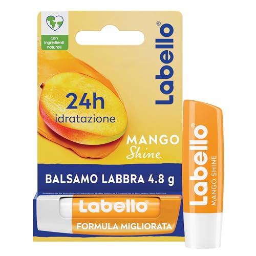 Labello Mango Shine Burrocacao labbra 4.8 g, Balsamo labbra nutriente all'aroma di Mango con pigmenti scintillanti, Lip balm idratante per 24 ore con ingredienti di origine naturale