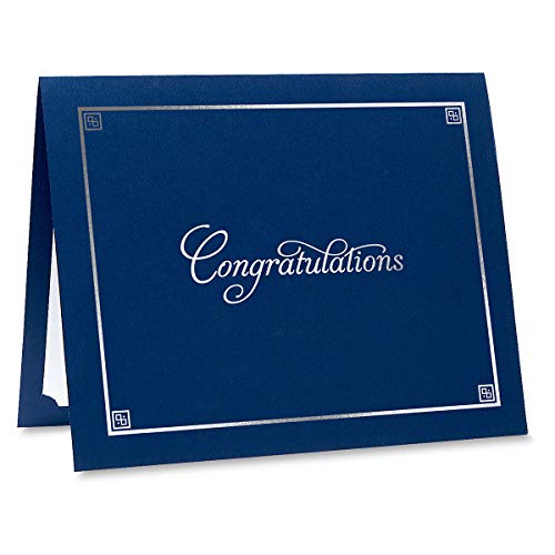 Congratulations Blue & Silver Certificate Folders - Pack Of 25, Linen Cover 80 Lb. Stock, Folded, Die-Cut Corners, For Office, Business Awards, Graduation, School Diploma Holder, 9-1/2" X 12" #TOP2