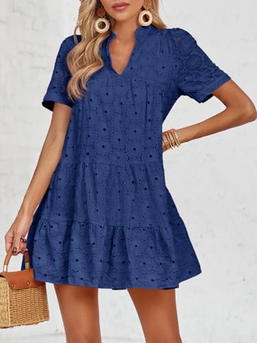 Image of Imily Bela Womens Summer Lace Dresses Eyelet Casual Flowy Babydoll Swing Short Sleeve V Neck Tunic Dress