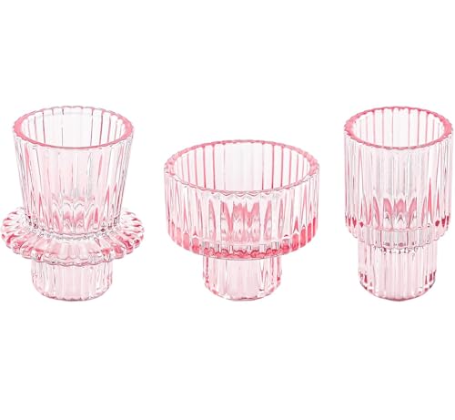 Doolitt Candle Holders Set of 3, Votive Glass Candle Stick Holders, Pillar Taper Decor Centerpiece for Table,Crystal Tea Light Candle Holders for Home Dinning Wedding Party Festival (3, Pink)