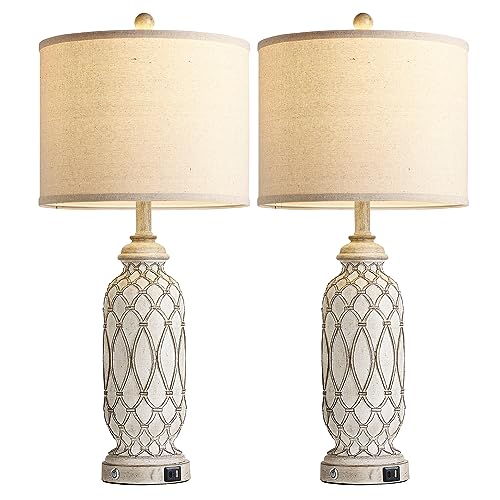 SRJJRS Farmhouse Table Lamps for Bedroom Set of 2, 28" Rustic Bedside Lamp with USB Ports, 3-Way Dimmable Nightstand Table Lamp for Living Room with Linen Drum Shade (Bulbs Included) - Image 7