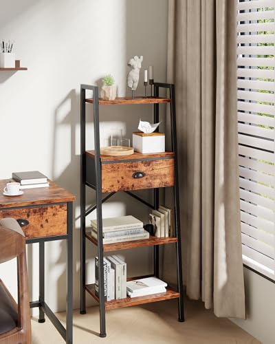 Image of Furologee 4 Tier Ladder Shelf, Narrow Ladder Bookshelf with Drawer, Modern Freestanding Bookcase, Storage Shelves Organizer for Bathroom,Kitchen,Bedroom,Living Room,Rustic Brown
