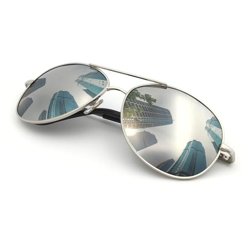 J+S Premium Military Style Classic Aviator Sunglasses, Polarized, 100% UV protection for Men Women (Large - Silver Frame/Silver Mirror Lens)