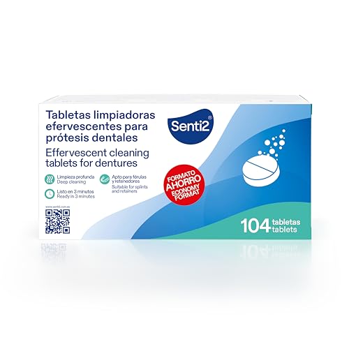 Senti2 Tabletas Efervescentes Limpiadoras para Prótesis Dentales, Férulas y Retenedores, Triple Acción, 104 Tabletas Formáto Económico