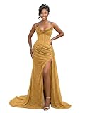 RYANTH Sequin Mermaid Prom Dresses Gold Long Sparkly Strapless Corset Evening Gown with Slit Pleated Formal Dress for Women Size 8