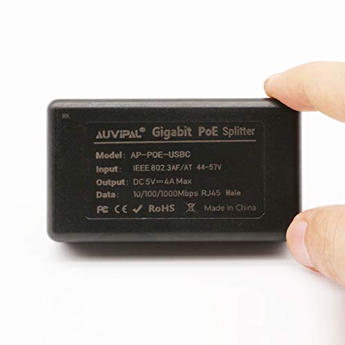 AuviPal USB-C Gigabit PoE Splitter, PoE to USB Type-C 5V/4A Max Power + 10/100/1000Mbps Ethernet Data Adapter for Raspberry Pi 4 and More, 802.3af/at Compliant | (AP-POE-USBC)