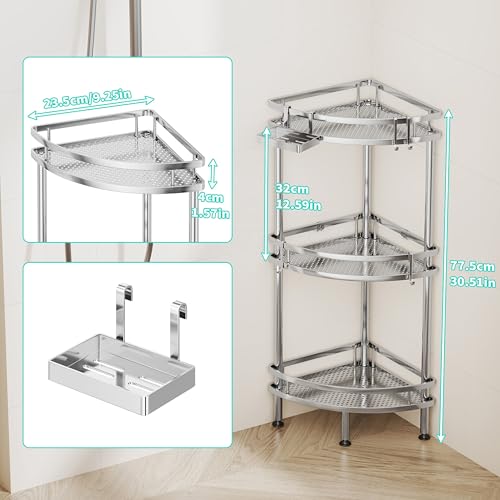 Image of HapiRm Standing Corner Shower Caddy - 3 Tier Shower Organizer Corner with Soap Holder and 4 Hooks, Rustproof Bathroom Storage Shelves with Adhesives, Silver