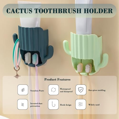 Image of HASTHIP 2Pcs Bathroom Toothbrush Holder, Self-Adhesive Toothpaste Holder, Toothbrush Holders for Bathroom Wall, Dual Toothbrush Slots, Cartoon Cactus Toothpaste Storage Holder, Green & Blue