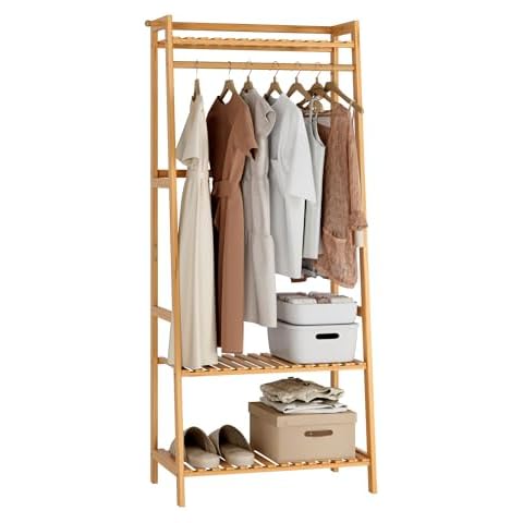 FOREHILL Bamboo Clothes Stand with Shelves Cover