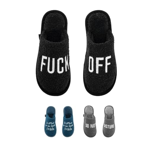 Ya en mundofriki.es: Fisura – Zapatillas hombre originales “f*ck off”. Zapatillas casa hombre borreguillo negro. Pantuflas de invierno cálidas. Regalo original. Talla 41 – 45
