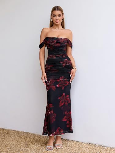 Image of KUTUMAI Off The Shoulder Maxi Long Dress Corset Ruched Bodycon Cocktail Formal Wedding Guest Dresses for Women