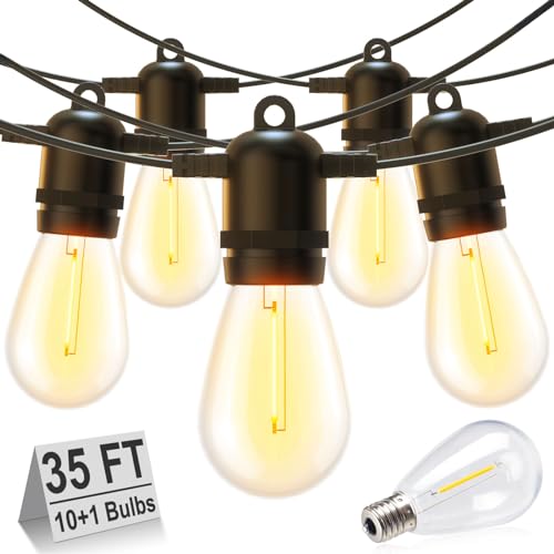 Outdoor String Lights for Patio with 11 Shatterproof S14 Vintage Edison Bulbs, Waterproof Outside Hanging Lights for Backyard Deck Garden Party Xmas Decor, 2700K