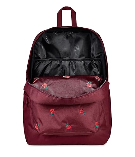 Image of JanSport Superbreak Plus FX Backpack - Work, Travel, or Laptop Bag with Water Bottle Pocket, Superbreak Plus Fx, Just A Rose Emb Cherry Lacquer /Grn /Red