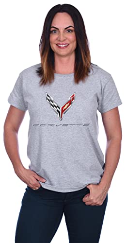 JH DESIGN GROUP Women's Chevy Corvette C8 Logo T-Shirt in Crew Neck or V-Neck (as1, Alpha, l, Regular, Regular, Grey V-Neck)