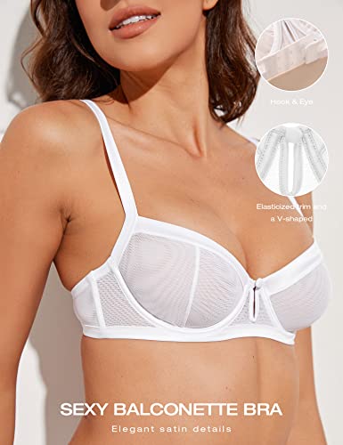 Deyllo Lace Underwire Balconette Bra Sheer Unlined Demi Non Padded Bra See Through(White,36B) #TOP2