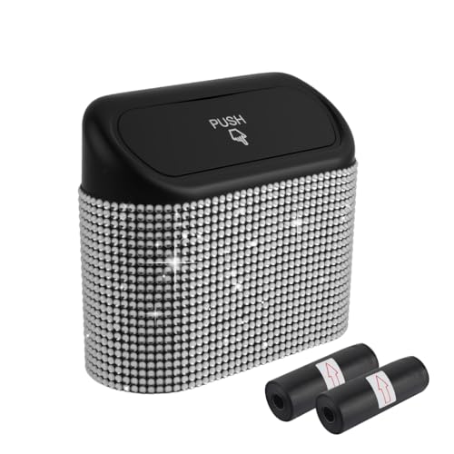 Car Trash Can with Lid & Rhinestones Design,Push-on Car Trash Bin for Storing Trashes Items & Cars Decor Includes 30PCS Trashes Bag,Shiny Cars Garbage Can with Back Clip for Side Door (White Diamond)
