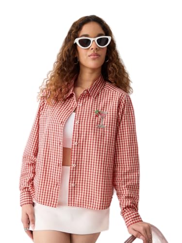 Chemise à carreaux rouge brodée en coton léger avec manches complètes femme
