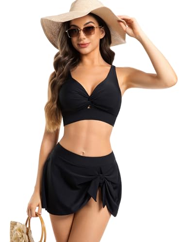 Women's Twist Front V Neck Bikini Set with High Waisted Skirt Two Piece Swimsuit with Tummy Control and Side Tie Swimwear3