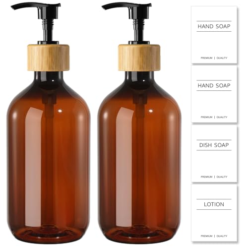 Image of KASUNTING Amber Soap Dispenser Plastic, Brown Dish Soap Dispenser with Bamboo Pump for Kitchen,17 Fl Oz Hand and Dish Dispenser Set for Bathroom, Farmhouse Liquid Soap and Lotion Dispensers Bottle