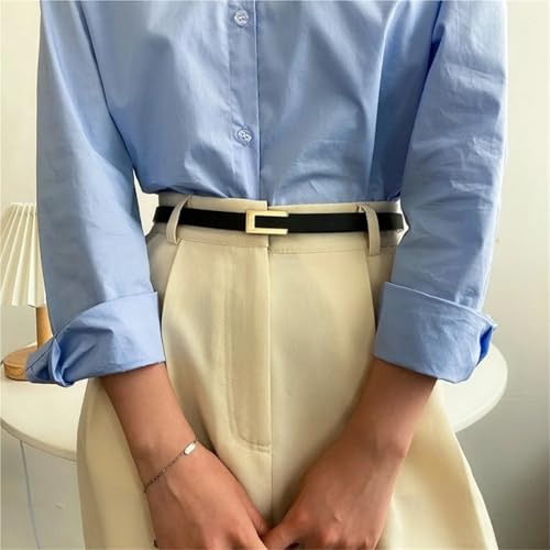 Decorative Belt Women Thin Belt Black Gold Silver Metal Buckle Belt PU Casual Leather Waist Belt Trouser Dress Decoration Waistband for Country Concert Outfit(Black golden button)3