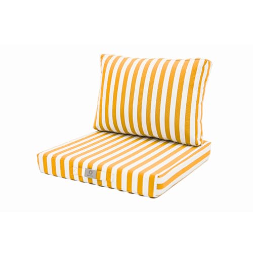 deco arts - Lot de 2 Coussins Déhoussables Rayures Jaunes pour Salon de Jardin - Confort Premium, Anti UV Assise: 60 X 60 cm Dossier: 35 x 60 cm - Déco Arts