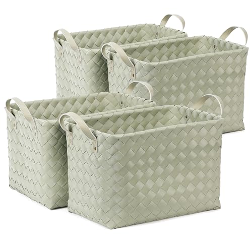 Image of BROWNLILY Handwoven Clothes Basket Laundry Hampers Large Wicker Storage Baskets for Shelves Blankets Closet Storage Bins Car Bedroom Bathroom Organizers and Storage Bath (Pack of 4, Green)