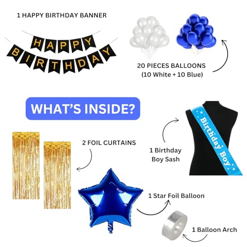 Image of KITTER Blue Birthday Boy Sash Birthday Decoration Set For Boys, With 1 Blue Star Foil Balloon, 2 Golden Foil Curtains, 20 Balloons (Blue & White), 1 Happy Birthday Banner, 1 Balloon Arch, Party Decor