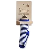 Farbe: Natur, Blau, Weiß Herz & Heim® Sparstrumpf mit Gravur des Namens mit Blauer Socke