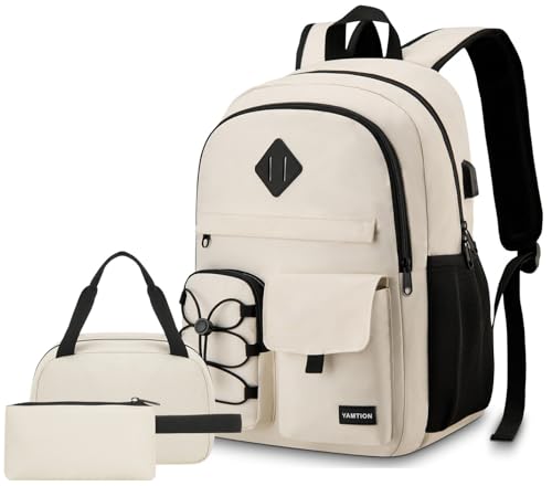 YAMTION Mochila escolar para mulheres e homens, mochila para laptop para viagens, faculdade, escola secundária, mochila para livros para adolescentes e meninos, Bege, 17.3 inch