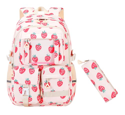 JiaYou Girls Dopamine Color Backpack Casual Daypack fit for School travel outdoor activities(Strawberry-2Pcs,25 Liters)