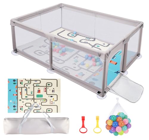 Truevaste Laufstall 180x200x65 cm, Laufgitter Baby mit Matratze, 600D Oxford Faltbar Playpen mit 50 Bunte Bälle, 2 Zugringen & 1 Aufbewahrungstasche, Kinderlaufstall Tragbar für Indoor Outdoor Truevaste Laufstall 180x200x65 cm, Laufgitter Baby mit Matratze, 600D Oxford Faltbar Playpen mit 50 Bunte Bälle, 2 Zugringen & 1 Aufbewahrungstasche, Kinderlaufstall Tragbar für Indoor Outdoor