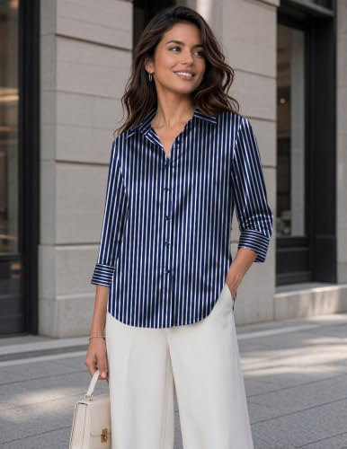 Image of Zeagoo Womens Satin Blouses Button Down Shirts 3 /4 Sleeve Dressy Tops S-2XL