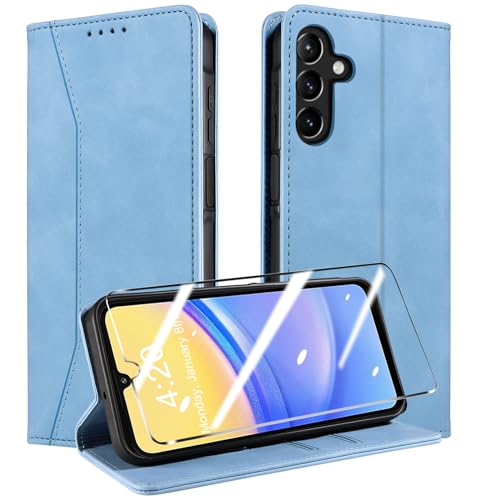 QHOHQ Handyhülle für Samsung Galaxy A15 4G/5G Hülle mit Panzer Folie, Premium Leder Schutzhülle, [RFID Sperrung Schutz], Magnet Klappbar Flip Case Tasche, Multifunktional, Stoßfest (Traum)-Hellblau
