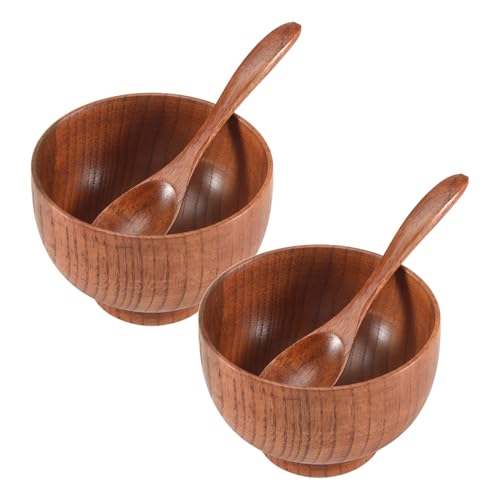 Swiixxer Juego de Tazones de Cucharas de Madera, Cubiertos de Madera Hechos una Mano Vajilla Cubiertos Tazones de Arroz Sopa Vajilla para Servir, Arroz, Sopa