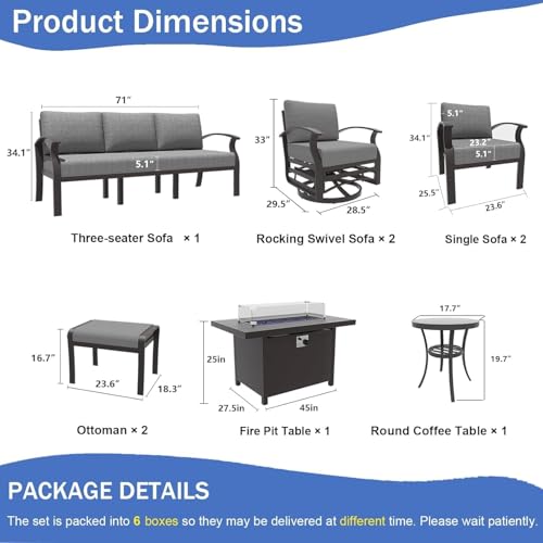 Image of Aluminum Patio Furniture Set with Fire Pit Table, 9 Seats Outdoor Patio Conversation Sets with Swivel Chair Modern Metal Sectional Sofa with Upgrade Cushions for Patio, Backyard - Grey