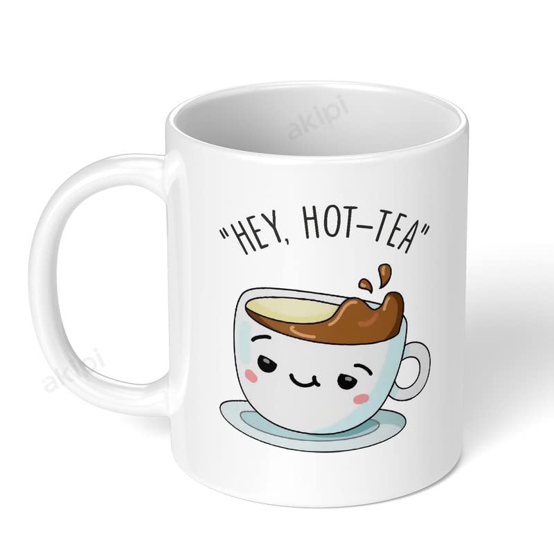 Akipi Hey Hot-Tea Ceramic Mug - 11oz White Coffee/Tea Cup with Playful Pun - Fun Gift Idea ARM418