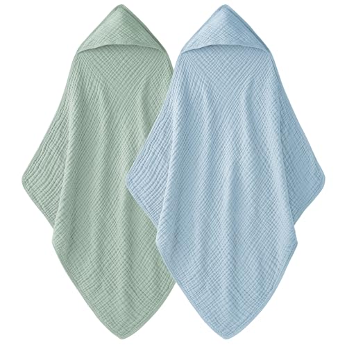 Image of Unnivoll Hooded Baby Towels for Newborn - 2 Pack, 100% Muslin Cotton, Baby Bath Towels with Hood, Soft and Absorbent for Boys, Girls Infant, Toddler and Kids, Large 32x32 Inches, Newborn Essential