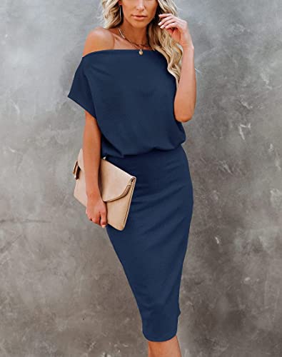 Image of EZBELLE Women's Summer Dress Off The Shoulder Short Sleeve Ribbed Casual Party Bodycon Midi Dresses