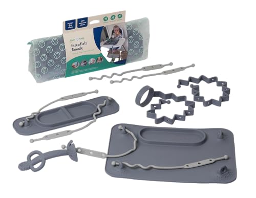 Image of BUSY BABY New Parent Start Up Kit - Original Placemat, Mini Mat, Teether Spoon, Toy Bungee, Bottle Bungee, 6 Straps (Pewter)