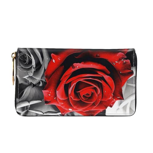Black White And Red Roses Women Wallets Leather Zip Around Clutch Purses Waterproof Credit Card Holder With Phone Holder Ladies Travel Coin Purse2