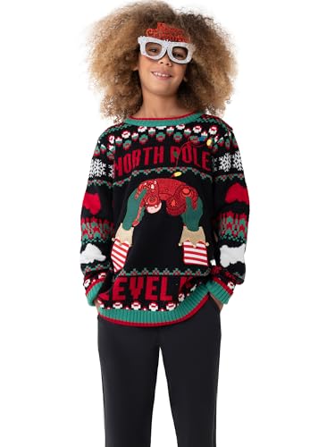 Blizzard Bay Big Boys' Ugly Christmas Crewneck Sweater, North Polo Level Up-Black, X-Large