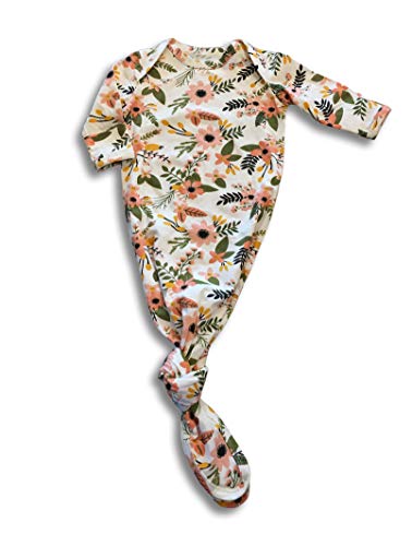 Baby Gown Newborn, Knotted Infant Sleeper for Baby Girl and Boy (White Floral, Newborn)