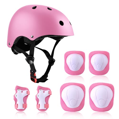 NICEWAT Rodillera Niños Set,7 In 1 Set de Protección para Niños,Casco Niños 3-7 Años,Casco Monopatín Niños para Monopatín,Ciclismo,Patinaje (Rosa)