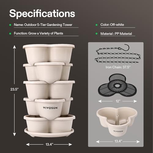 Image of VIVOSUN 5 Tier Vertical Gardening Stackable Planter for Strawberries, Flowers, Herbs, Vegetables, Ivory