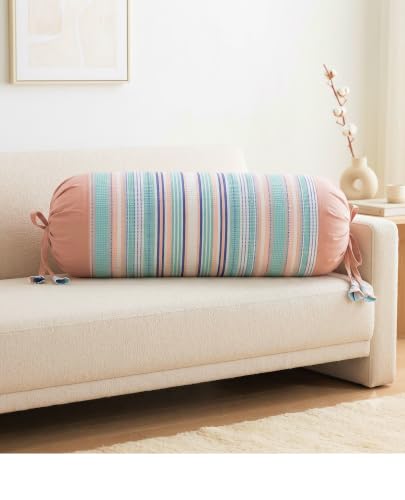 Image of SAJAVAT HOME Camel Brown with Green & White Stripes Cotton Bolster Cover for Sofa, Bed & Diwan (Pack of 1) 15x30 Inch | Soft Round Side Pillow Cover | Breathable All-Season Bolster Pillow Cover |